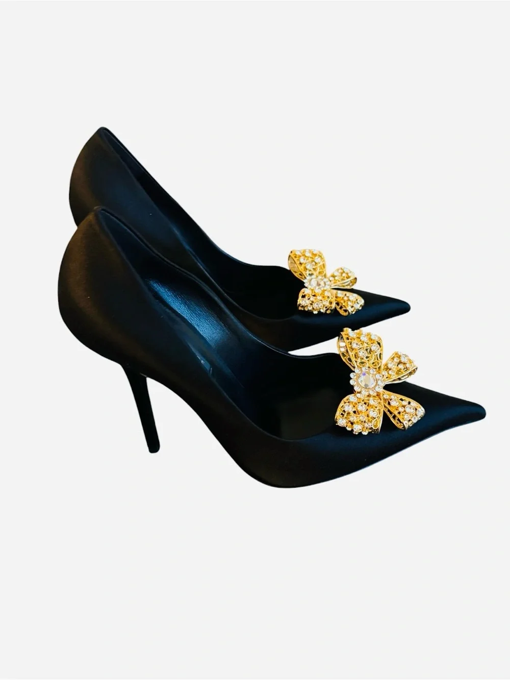 Versace Black Satin Pumps With Embellished Gold & Crystal Bow Sz EU40/US10 (New)